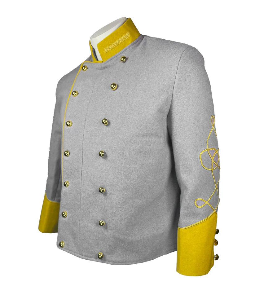 Civil War Confederate Officer Jacket – Gray Wool Double-Breasted Military Coat with Yellow Trim