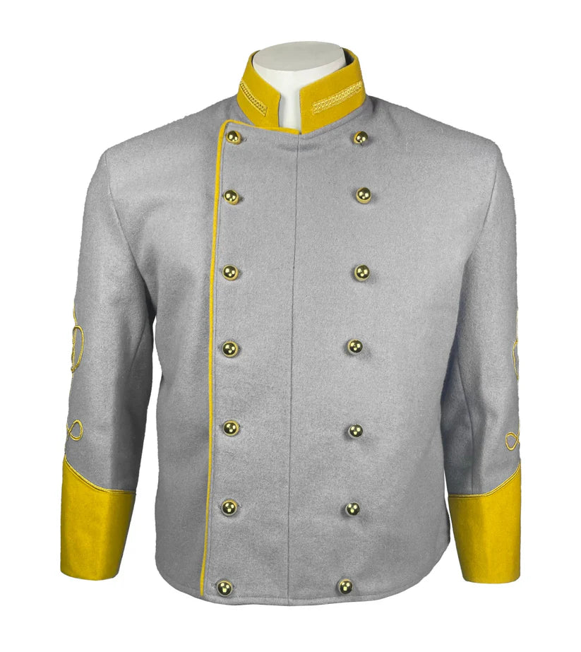 Civil War Confederate Officer Jacket – Gray Wool Double-Breasted Military Coat with Yellow Trim