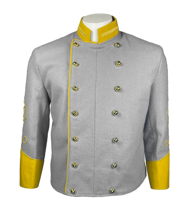 Civil War Confederate Officer Jacket – Gray Wool Double-Breasted Military Coat with Yellow Trim
